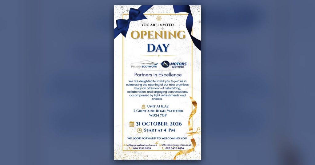 Opening day invitation from Proud Bodywork and LS Motors Services, Watford